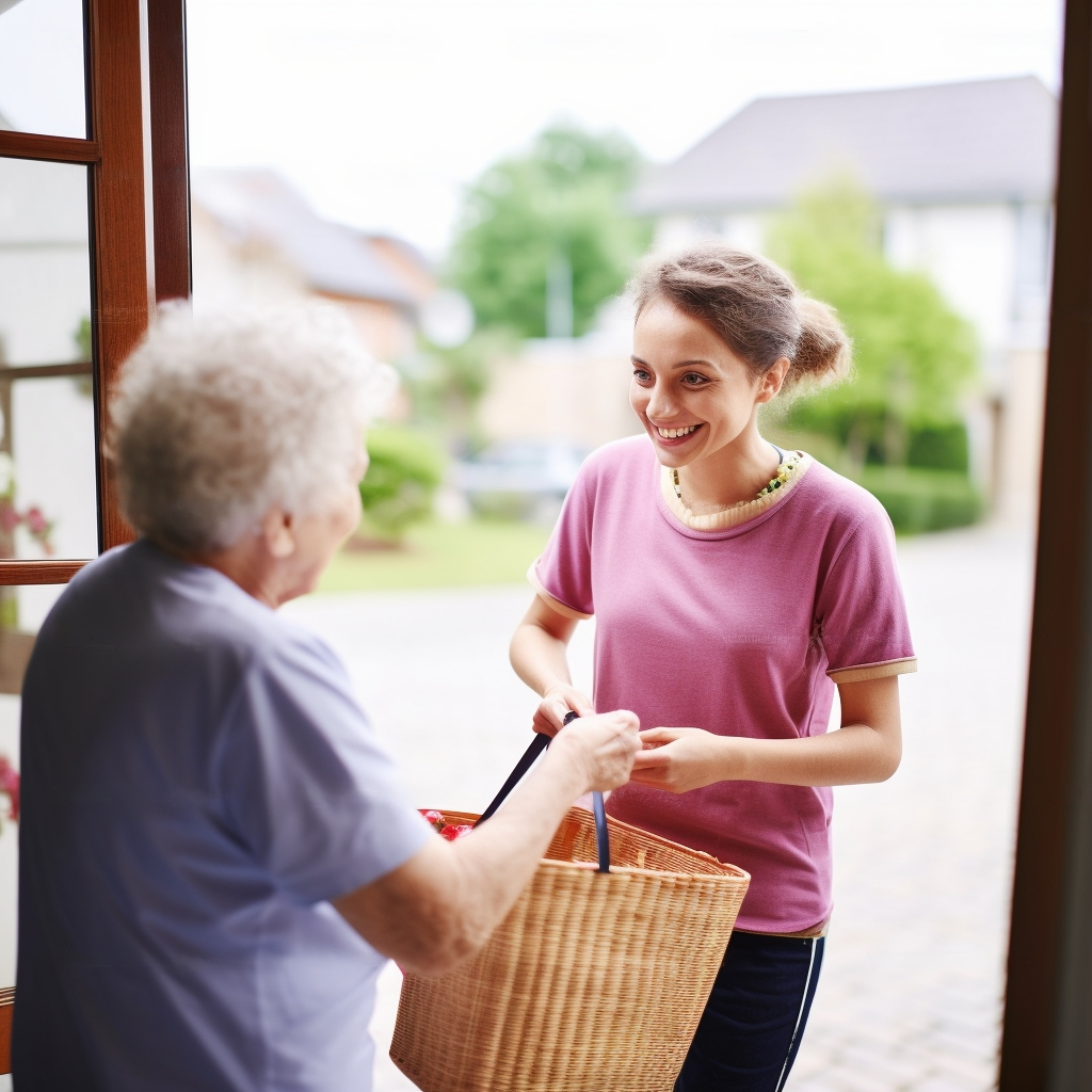 Image d'illustration montrant la référente de maison rendant visite à une dame, elles sont sur le pas de la porte et la référente lui a amené quelques courses