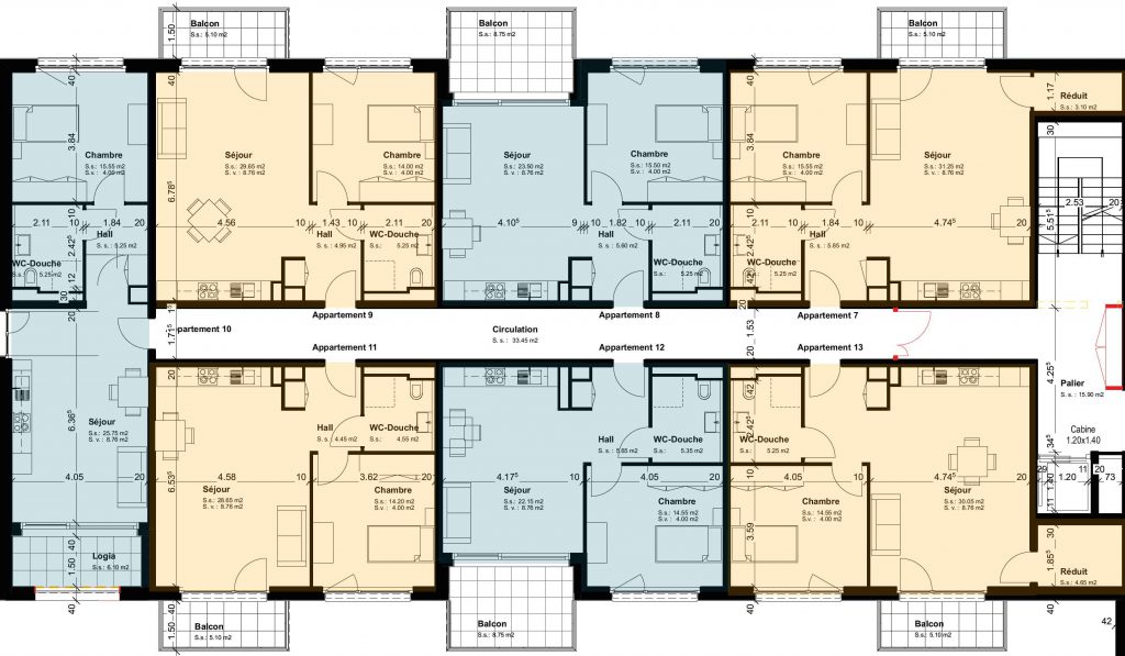 Plan de l'étage montrant la répartition des 7 appartements du 2ème étages. On voit les différentes tailles des loggias et les tailles et formats des appartements
